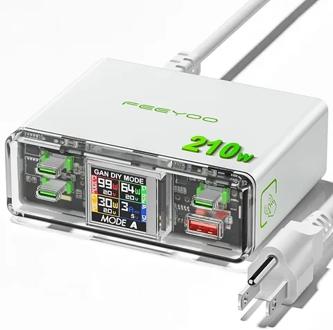 FEEYOO 210W GaN USB C Charger, 4-Port Fast Charging Block with Display, PD 100W