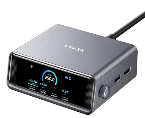 ANKER Prime Charging Station, 250W 6-Port GaN USB C Charger, 2.26" LCD Smart Display Control