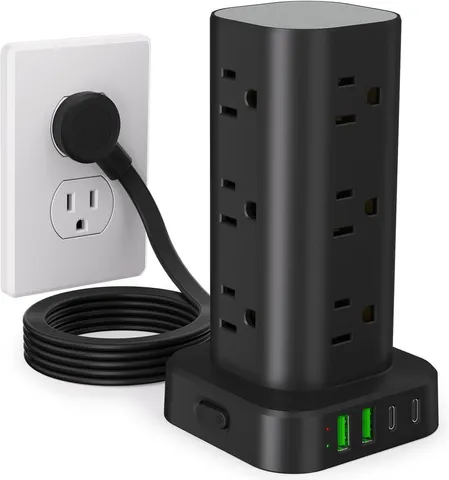 Power Strip Tower with Multiple Outlets, Flat Plug Surge Protector Tower Extension Cord with 12 AC Outlets 4 USB Ports (2 USB C), 6FT Cord P